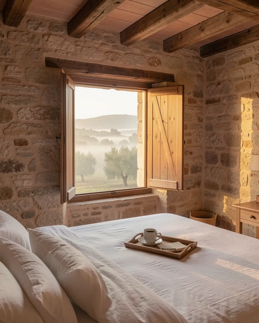 Habitación de piedra al amanecer con los postigos de madera abiertos y niebla sobre los olivos