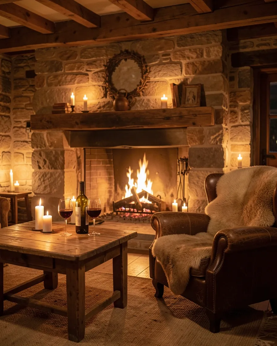Sala de piedra con la chimenea encendida, copas de vino y butaca de cuero en una noche cálida