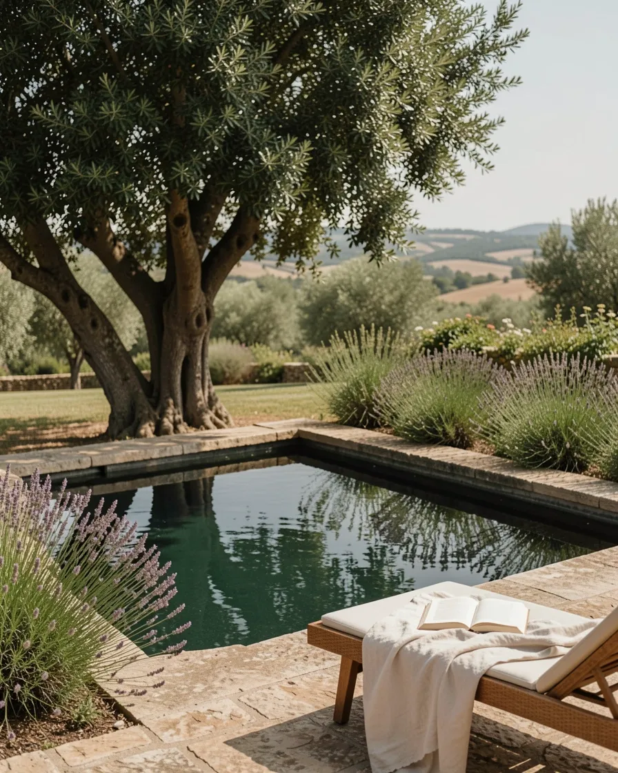 Piscina natural de aguas frías a la sombra del laurel, rodeada de lavanda en el jardín