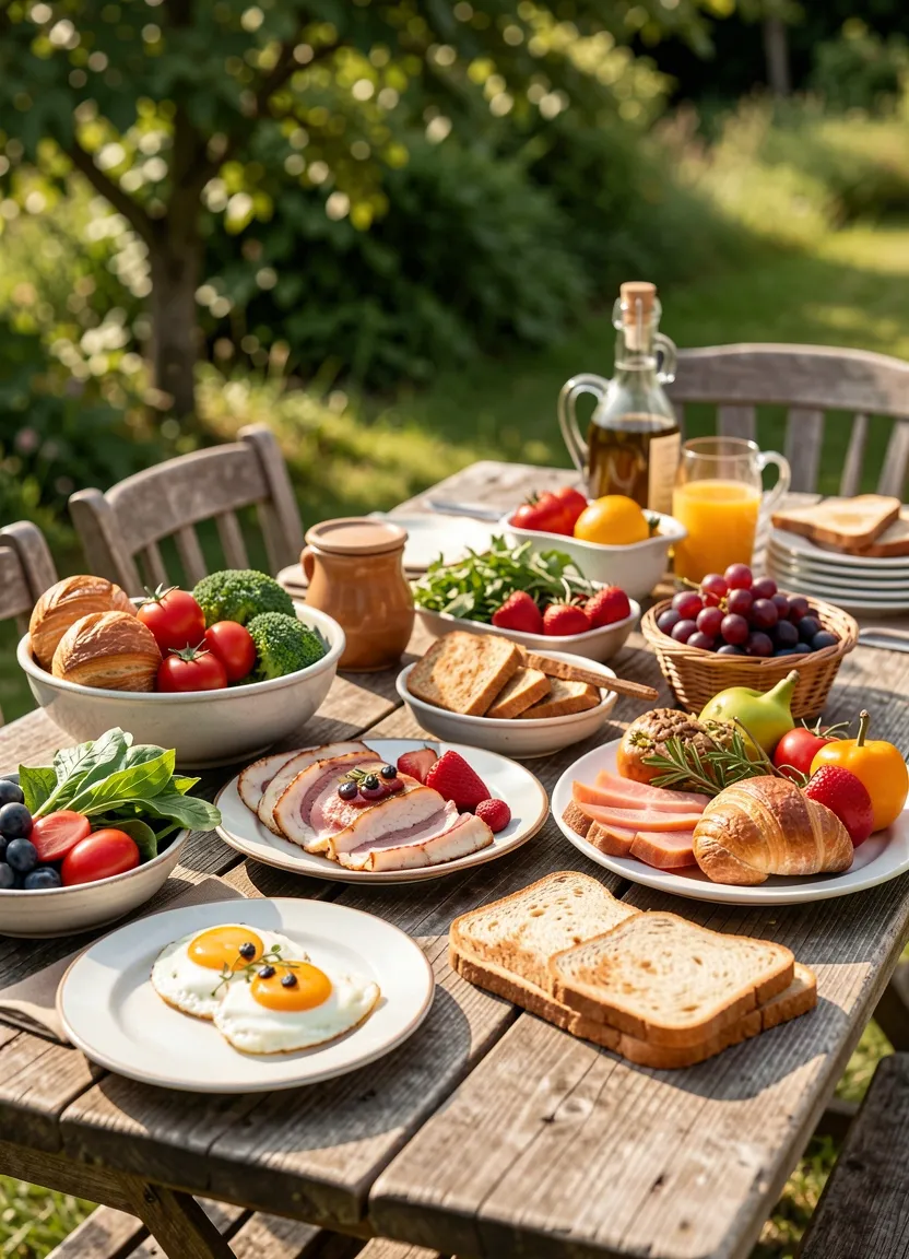 Desayuno de producto local en el jardín