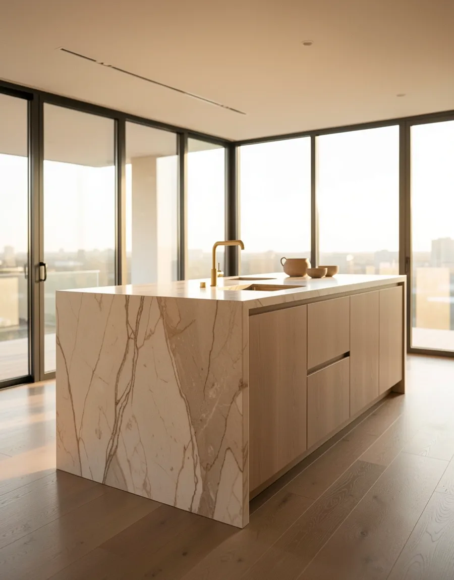 Cocina de diseño con isla de piedra natural y vistas a la ciudad