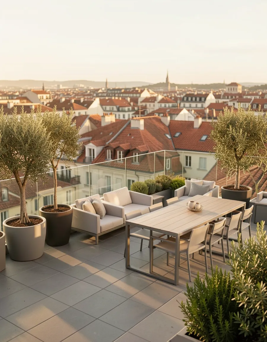 Terraza panorámica sobre los tejados al atardecer