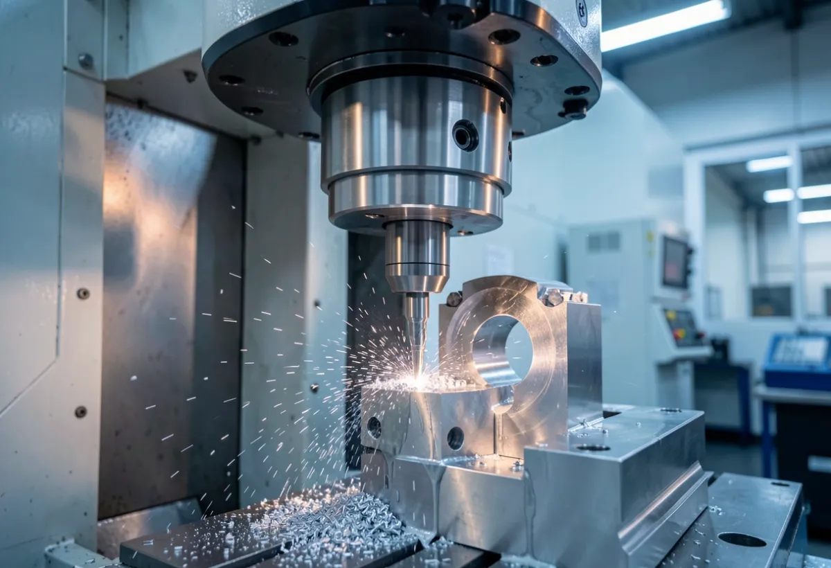 Centro de mecanizado CNC de 5 ejes mecanizando una pieza de aluminio