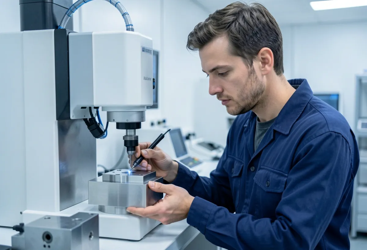 Ingeniero midiendo una pieza mecanizada en una máquina de medición por coordenadas