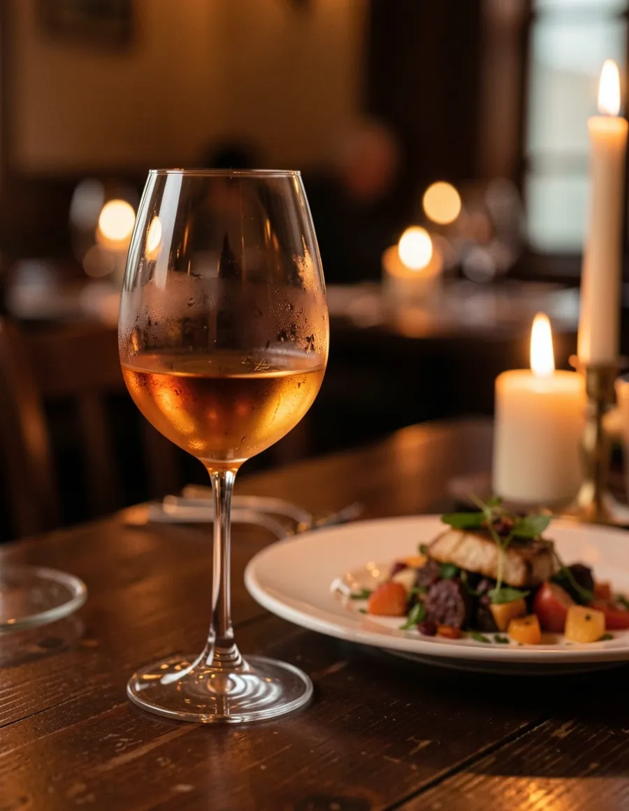 Copa de vino natural junto a un plato de temporada